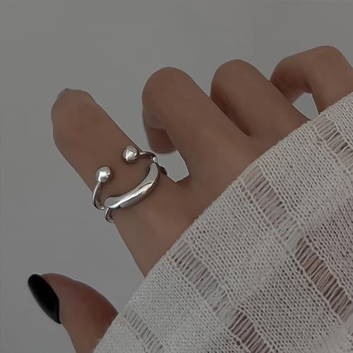 Double Layer Smile Face Metal Open Adjustable Ring Fashion Silver2