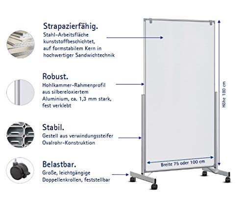 Whiteboard mobil MAULpro easy2move, 6339684, magnethaftend und beschreibar, weiß, beidseitig, auch als Stellwand nutzbar (100 x 180)