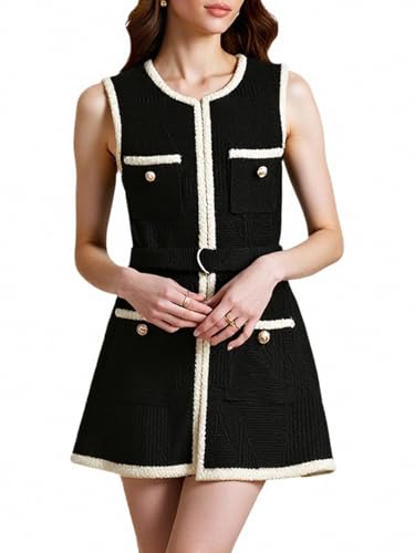 Women's Open Front Belted Vest Jacket Crew Neck Sleeveless Business Casual Jackets with Pockets