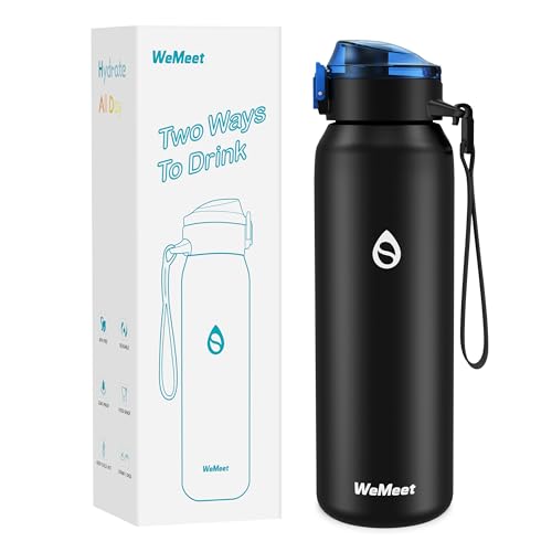 WEMEET - Botella de acero inoxidable 18/10 de 1000 ml con pajita extraíble,sin BPA, con correa extraíble, para café, té, perfecta para exteriores, trabajo, niños, escuela (negro)