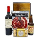Cesta Regalo Jamon Bellota + Vino Ramon Bilbao | Perfecta como Regalo Día del Padre | Con Jamon Bellota 80 g + Vino Ramon Bilbao Crianza + Bombones Ferrero Rocher + Cerveza 1906