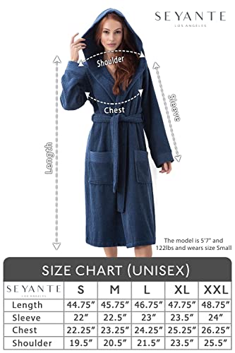 Seyante Turkish Cotton Terry Men's & Women's Bathrobe - Hooded, Kimono Cotton Terry Cloth Robe - Long Textured, Rice Weave Trim (Large, Blue/Hooded) #TOP5
