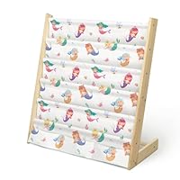 wooshwa Wooden Sling Children's Bookshelf 5 Tier Toy and Book Storage Organizer 3 Pockets Kids Bookcase with Deep Sleeves for Baby Playroom Nursery Bedroom