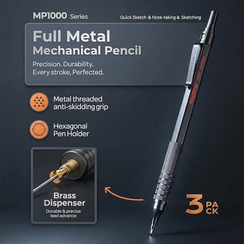 Image of Nicpro Mechanical Pencils 0.7mm in Case, 3 Pack Metal Mechanical Pencils Set with 8 Tube HB Lead Refills, 3 Erasers, 9 Eraser Refills, Art Sketching Pencil for Writing Drawing Drafting Engineering