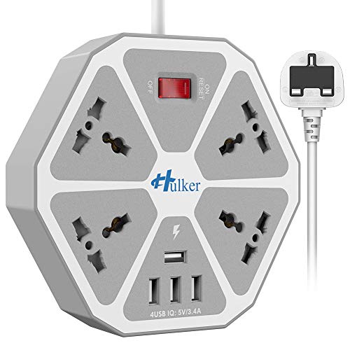 Extension Lead with USB HULKER Power Strip 4 way Universal Socket 4 USB Surge Protector Extension Lead Universal Power Socket 2M Bold Extension cord ?Gray?
