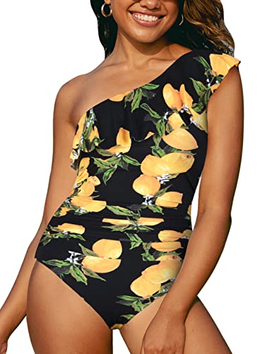 Hilor Women's One Piece Swimsuits One Shoulder Swimwear Asymmetric Ruffle Monokinis Bathing Suits Lemon 6 #TOP1