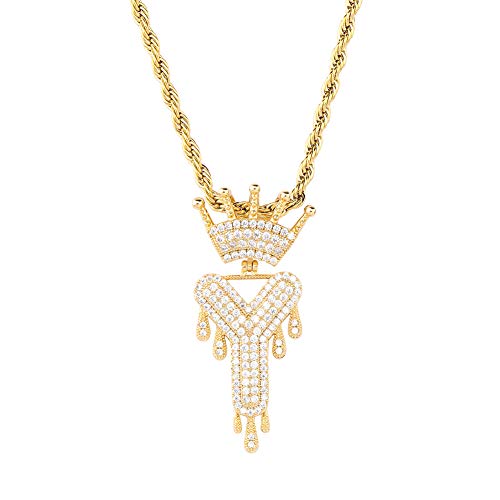 HECHUANG Micropave Simulated Diamond Iced Out Crowned Initial Dripping Letters Pendant with Rope Chain (Gold Y, 24)