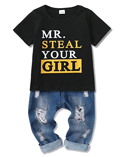 YALLET 幼児 男の子 服 1-5T 男の子 服 幼児 半袖 Tシャツ 破れたジーンズ 12 18 24 ヶ月 ベビー服パンツ セット, Z ブラック-mr, 3-4Tの商品画像（Amazon）