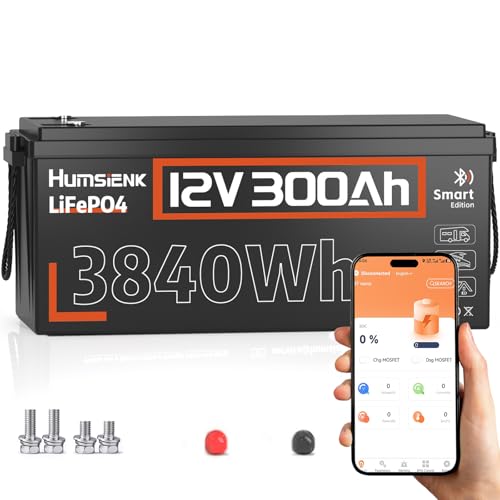 HumsiENK 12V 300Ah LiFePO4 Lithium Leisure Battery for Home RV Solar and Marine Power with Bluetooth 3840Wh High Capacity Built in 100A BMS for Long Lifespan and Safe Low Temp Operation