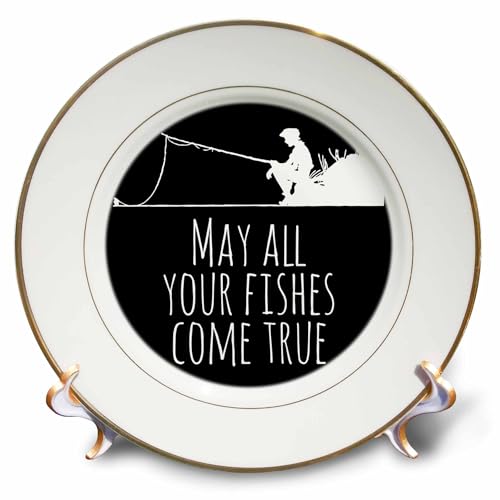 3dRose May all your fishes come true text and white fisherman on black 8 inch Porcelain Plate
