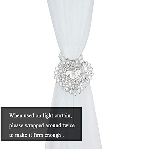 Mikomer 2Pcs Magnetic Curtain Tiebacks Crystal Heart Shape Window Curtain Holdbacks Buckles Tie Backs Holders With Stretchable Wire Rope For Home And Office Decoration,Silver #TOP3