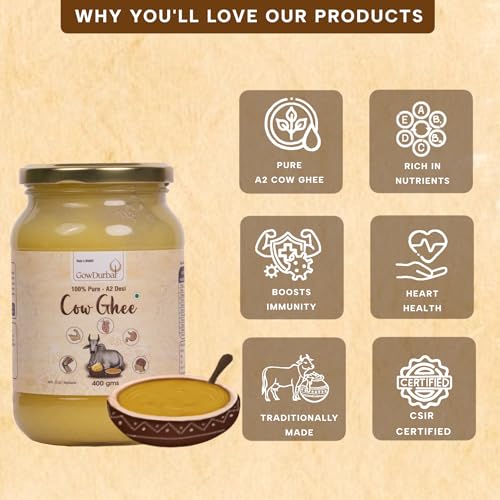 Image of GowDurBar Indian Kankrej Cow Ghee 400 ML | Pure A2 Desi Cow Ghee | Traditional Cultured Method | Golden & Aromatic | Lab-Certified for Purity | For Cooking, Sweets & Daily Use