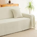 KaviKon Couch Cover for Dogs, Boho Sofa Covers for 3 Cushion Couch, Chenille Sofa Slipcover for Pets Washable, L-Shape Sectional Couch Loveseat Cover Soft Throw Blankets with Tassels(71x118,Cream)