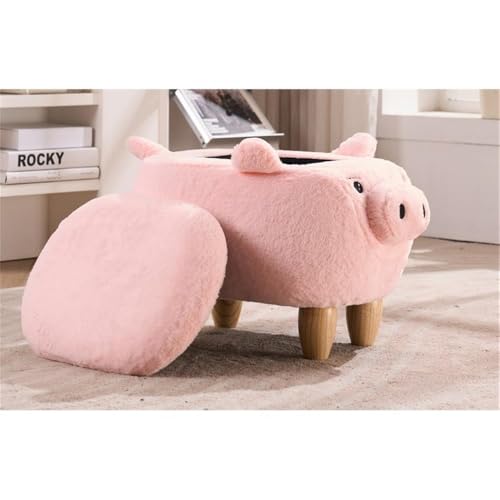 Image of Pemberly Row Kids Pig Fabric Storage Ottoman /Stool, Pink and Natural Finish, 14 in x 14 in x 22 in, Soft Furry Upholstery, Solid Wood Legs, Hidden Storage, No Tools Assembly, Nursery, Playroom or