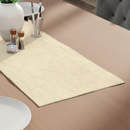 Image of Encasa XO Dining Table Runner for 4 to 6 Seater | 32x91 cm | Natural | Chenille Fabric | Machine Washable