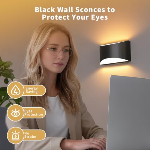 Image of Black Modern LED Wall Sconces, 3 Colors Hardwired Indoor Wall Lights | 3000K /4000K /6000K, 10W Up and Down Wall Mount Light with Memory Function, Wall Lamp for Bedroom Living Room Hallway Corridor