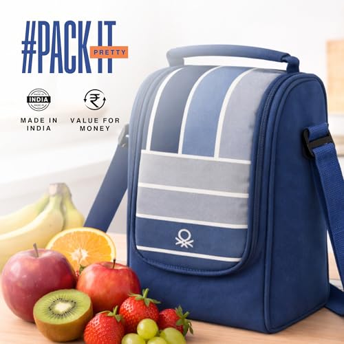 Image of United Colors of Benetton Lunch Bag Set with 3 Glass Containers | Insulated Leakproof Tiffin Bag for Office, School & Travel | Durable, Stylish, BPA-Free Food Storage Kit (Navy-Blue)
