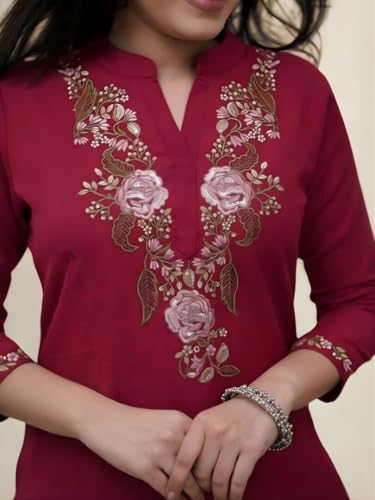 Image of Stylish Maroon Printed Anarkali Kurta and Pant Set for Women | Rayon Kurti with Chikankari Neckline & Chanderi Cotton Dupatta