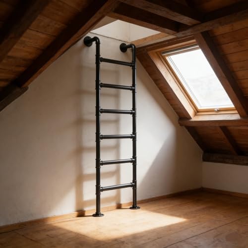 Heavy-Duty Black Metal Bunk Bed Ladder - 7ft Wall-Mounted Step Ladder for Attic Egress & Basement Window, Supports 330lbs, Ideal for High Entrances & Safety Access