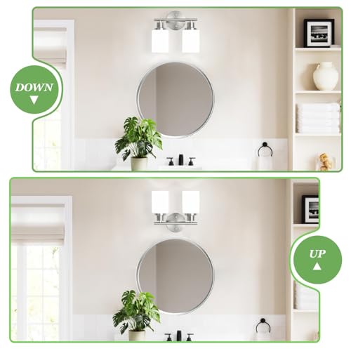 Image of 2-Light Vanity Lights, Brushed Nickel Bathroom Light Fixture with Striped Textured Milky White Glass Shade, E26 Modern Vanity Lighting Fixture for Bathroom Wall Sconce Light Over Mirror