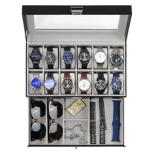 ProCase Watch Box, 12 Slot Mens Watch Case With Drawer, 2-Layer Watch Display Case With Glass Lid, Mens Jewelry Box Storage Holder Organizer, Birthday