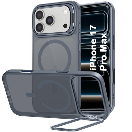 Image of TheGiftKart Hybrid Matte Frosted Back Cover Case for iPhone 17 Pro Max Compatible with MagSafe | Built-in Stand | Shockproof Hard Back Cover Case for iPhone 17 Pro Max (PC & TPU, Translucent Grey)