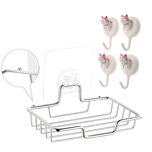 Stainless Steel Soap Holder and 4 Cute Cat Head Hooks - Bathroom & Home Organization Essentials (Stainless Steel soap Rack and 4 Hook)