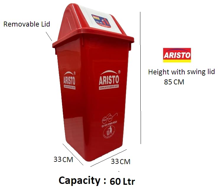 Image of ARISTO Square Swing Lid Plastic Dustbin 60 LTR (Red)