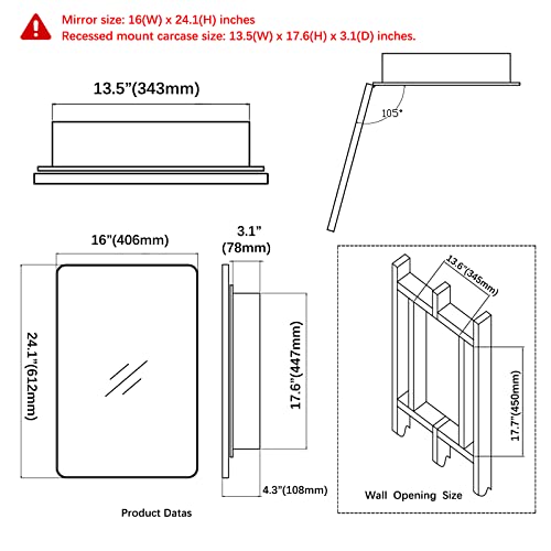 Fundin Plastic Medicine Cabinet, Beveled Edge Mirror Door With Round Corner Metal Frame, Recessed And Surface Mount, Black,16 X 24 Inch Mirror Size #TOP4