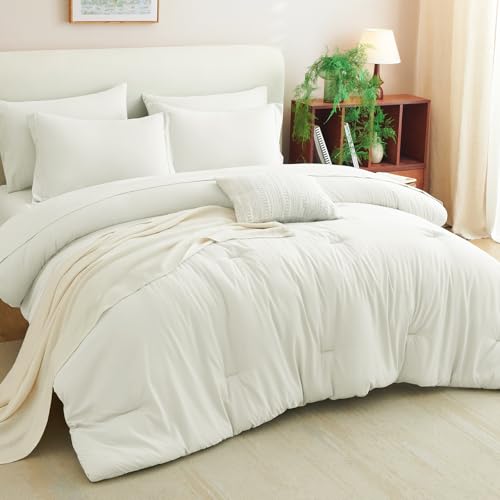 CozyLux King Size Comforter Set Ivory, 7 Pieces Bed in a Bag King Comforter Set with Sheets, Soft Bedding Set with Down Alternative Comforter, Fitted Sheets, Flat Sheets, Pillow Shams and Pillowcases
