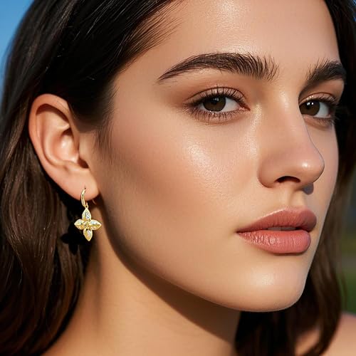 Eloqueen 14K Gold Earrings for Women Gold Dangle Earrings for Women Flower Earring with Cubic Zirconia Elegant and Good Fortunate Four-Leaf Flower CZ Drop Earring for Womens Dangling3