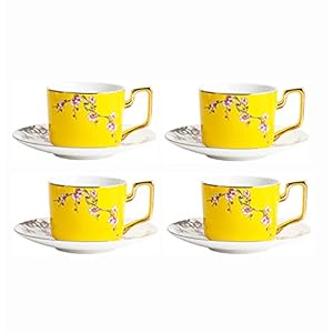 8 Pieces Porcelain Tea Set Coffee Cup and Saucer Set Coffee Cups Set Vintage Yellow Cappuccino Mugs with Spoons 220ml