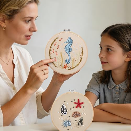 Image of Beach Embroidery Kits for Beginners Adults, Coastal Hand Embroidery Set Needlepoint Kits, Stamped Cross Stitch Kits for Beginners Adults, 2 Embroidery Hoops, Fabric, Thread (Attached Video Tutorial)