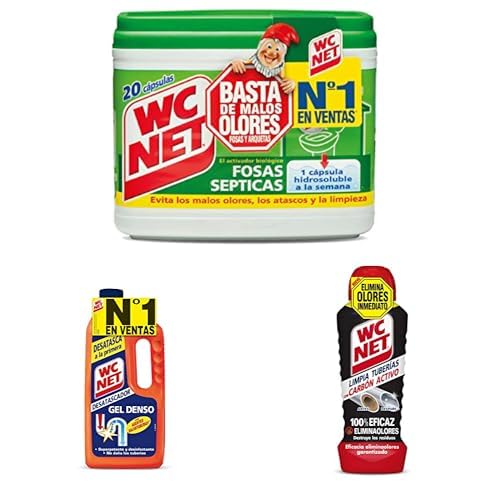 Wc Net Pack cuidado de tuberías. Incluye desatascador Energy 1L, Limpia tuberías 800 ml y 20 cápsulas de fosas sépticas elimina olores.