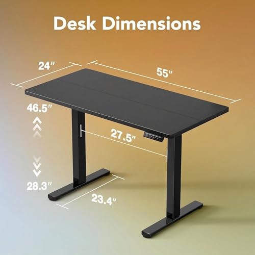 Image of HUANUO Electric Standing Desk, 55 x 24 Inch Height Adjustable Computer Desk with Storage Bag, 4 Height Memory Settings, Sit Stand Up Desk for Home Office, Deep Black