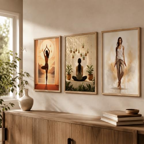 Image of Livin'luxe Set of 3 Yoga Meditation Women Wall Paintings for Living Room Bedroom Home Decor with Premium Wooden Color Synthetic Frame (25.5 x 19.5 Inch) NM03-65