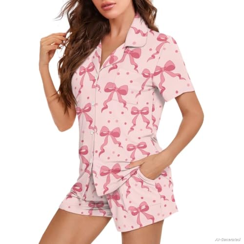 Image of Renewold Button Down Womens Pajama Set Short Sleeve Loungewear Bow Nightwear Sleepwear Night Suit Tops Shorts 2 Pieces