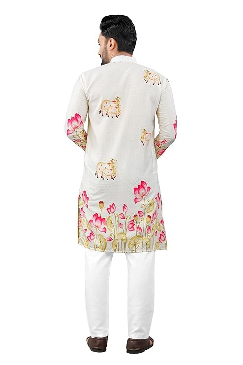 Image of Men's Cream Ethnic Kurta with Lotus Floral & Animal Print - Mandarin Collar, Full Sleeves, Festive & Casual Wear
