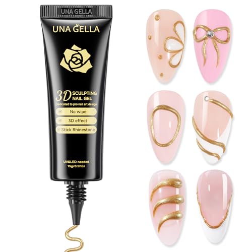 UNA GELLA Metallic 3D Gel Nail Art Bronze Gold 15g No Wipe Sculpting Chrome Gel Nail Polish for Drawing Molding Charms and Gems Decoration Lamp Curing Needed