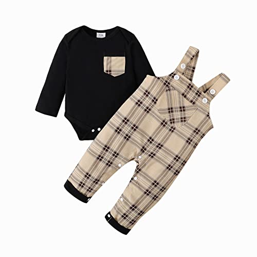Image of puseky 2pcs Newborn Baby Boys Clothes Long Sleeve Romper Plaid Overalls Pants Set Suspenders Trousers Boy Set 0-3 Months