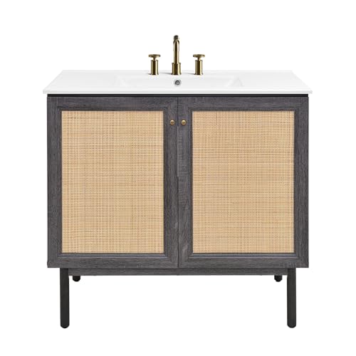 Image of Swiss Madison Classe 36 in. Black Oak Bathroom Vanity with White, 3-Hole Ceramic Sink Top