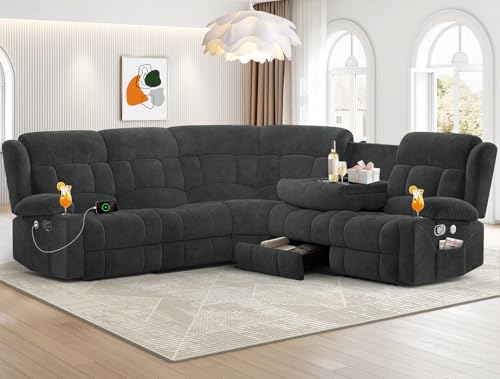 Dresegmt Recliner Sectional Sofa, 5 Seat L-Shaped Manual Reclining Sofa with Flip Middle Backrest Design, Large Storage Drawer, USB Ports, Sofa Couch for Home Theater (Gray)