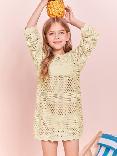 Image of Batermoon Girls Crochet Long Sleeve Swimsuit Cover Up Kids Fashion Hollow Out Swimwear Beach Dress 5-14 Years