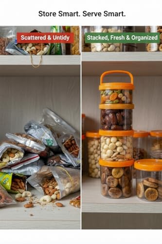 Image of MG Trader's 4 Layer Twist Lock Storage Jar | Stackable BPA-Free & Snack Container | Non-Spill Portable Travel Food Storage for Protein Powder, Dry Fruits & Nuts | 1 PCS | Orange | (OSJ04)