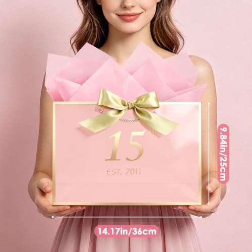 Image of JMANNI Birthday Gift Bag with Card and Tissue Paper for Men Women Him, Elegant Pink Gold Anniversary Keepsake Party Present Shopping Paper Bags for Gifts Wrapping Pink / 13 inch Large /EST.2011 15th