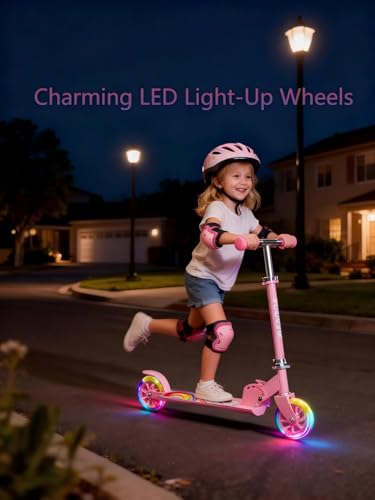 Image of 3+ Kids LED Foldable Pink Scooter, Adjustable Kick Scooter Boys Girls Birthday Gift