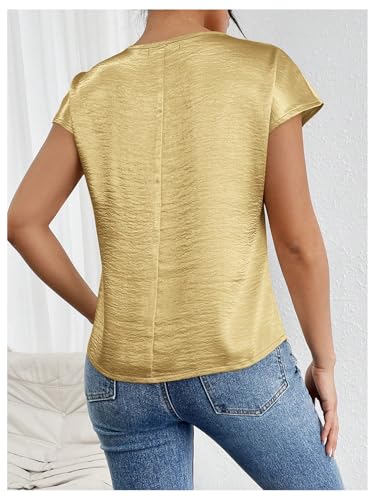 SweatyRocks Women's Crew Neck Satin Blouse Cap Short Sleeve Party Blouse Shirts Tops2