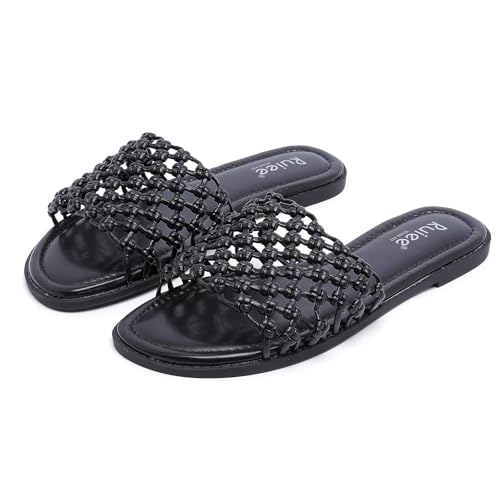Image of Ruiee Wide Width Flat Sandals for Women. | Wide Width Sandals, X-Wide Feet Slides, Summer Braided Flat Slides, Versatile, Fashion Comfort