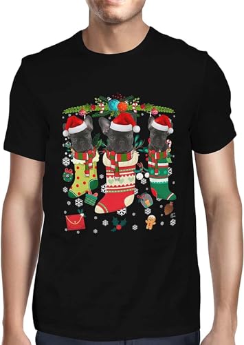 QISHUBAO Christmas Stockings with Adorable French Bulldog Dogs Mens T-Shirt Cotton Unisex Black Tee Tops XL
