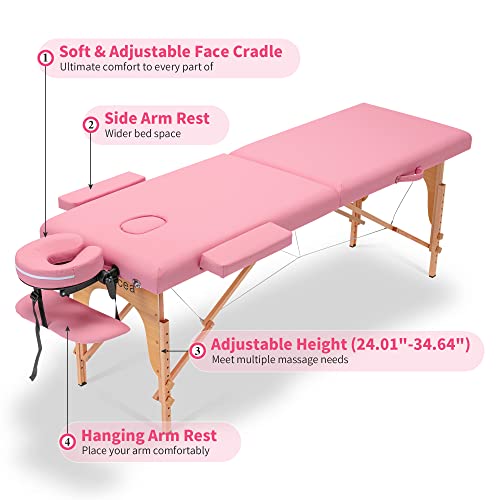 New Professional Massage Table Bed Portable, Lash Bed For Eyelash Extensions, Lightweight, 500 Lbs Load Capacity, Spa Salon Tattoo Esthetician Bed, 84” * 32”, Adjustable Heights, Carrying Bag, Pink #TOP3